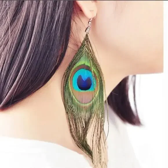 Whimsical Natural Delicate Boho Peacock Feather Dangle Drop Hook Earrings A0105 - Picture 7 of 12